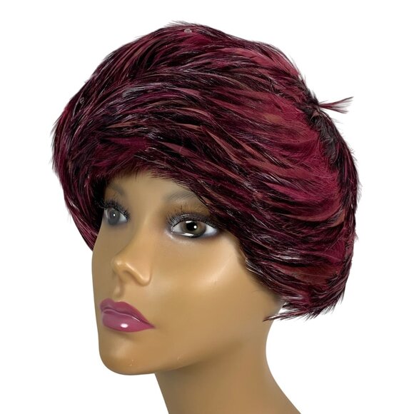 VTG Jack McConnell Women's Maroon Feather Rhinestone Wool Fascinator Hat OS - Picture 1 of 8